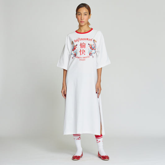 Chinese New Year Dragon Printed Dress Folk Tee (White)